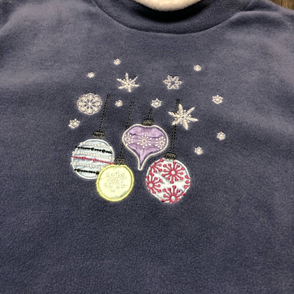 Cozy Blue Christmas Ornament Fleece Sweatshirt Mock Neck Holiday Top Medium - Picture 4 of 4